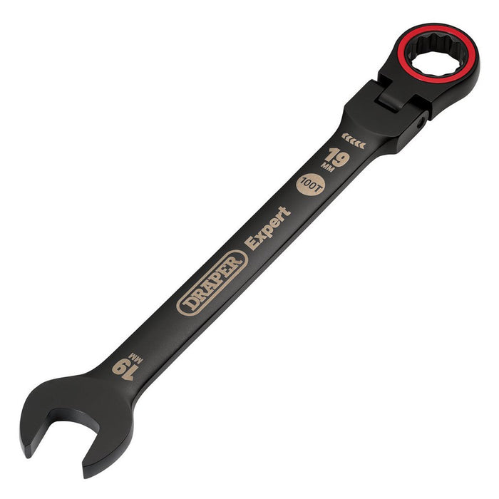Draper Expert HI-TORQ® Metric Flexible Head Ratchet Combination Spanner, 19mm, Black