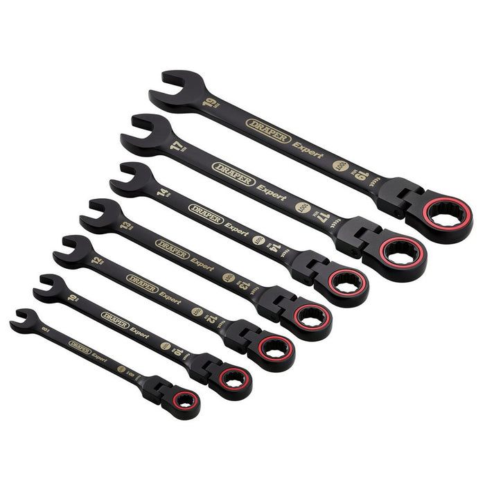 Draper Tools Expert HI-TORQ Metric Flexible Head Ratchet Combination Spanner Set Black 7 Pce
