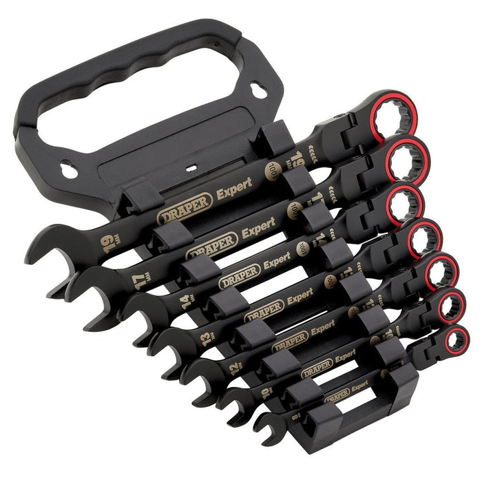 Draper Tools Expert HI-TORQ Metric Flexible Head Ratchet Combination Spanner Set Black 7 Pce