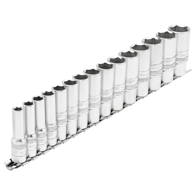 Draper Tools 3/8 Sq. Dr. Metric Deep Socket Set on Metal Rail (15 Piece)