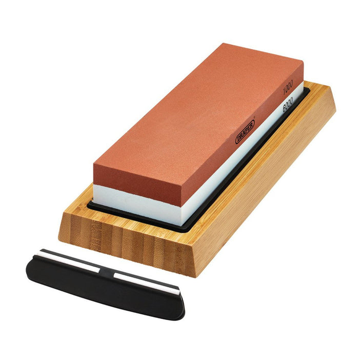 Draper Double Sided Whetstone Sharpening Stone with Non-Slip Base and Angle Guide 1000/6000 Grit