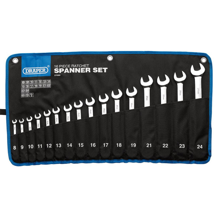 Draper Hi-Torq Metric Ratchet Combination Spanner Set, 16 Pce