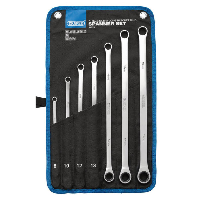 Draper HI-TORQ® Metric Extra-Long Double Ring Ratchet Spanner Set 7 Pce
