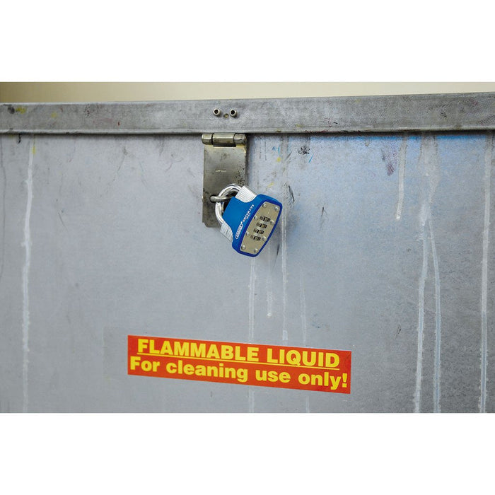 Draper Tools Resettable 4 Number Combination Laminated Steel Padlock with Hardened Steel Shackle and Bumper 46mm 64158