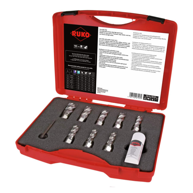 Ruko Set of core Drills HSS with Weldon Shank (3/4in) Cut Depth 30mm in Plastic Case