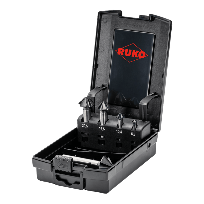 RUKO Ultimatecut Taper & Deburring Countersinker Set 4S HSS RUnaTEC DIN 335 90° in Plastic Case 5 pieces