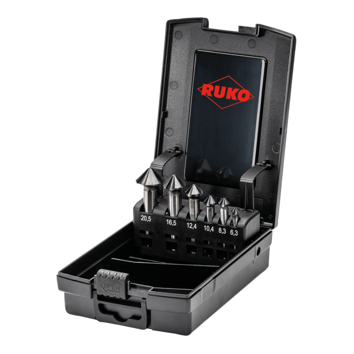 RUKO Ultimatecut Taper & Deburring Countersinker Set 4S HSS RUnaTEC DIN 335 90° in Plastic Case 6 pieces