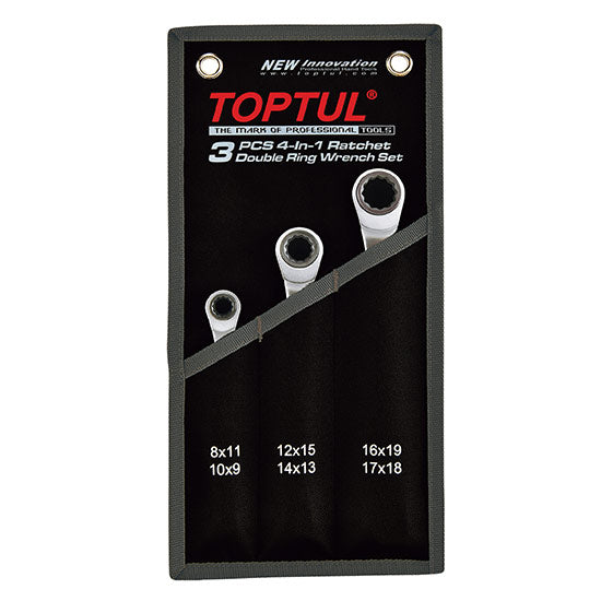 Toptul Pro-Series 4-In-1 Ratchet Double Ring Spanner Set, 3 Pce GPAQ0301