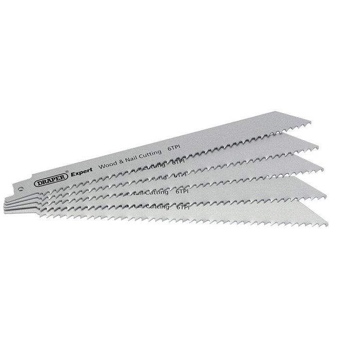 Draper Tools Expert 250mm 6tpi Bi-Metal Reciprocating Saw Blades for Wood and Nail Cutting - Pack of 5 Blades