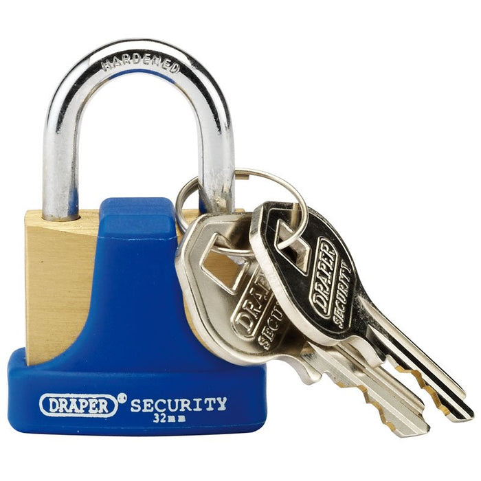 Draper Tools Solid Brass Padlock and 2 Keys with Hardened Steel Shackle and Bumper