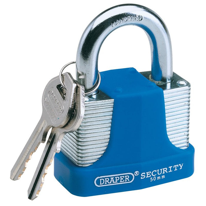 Draper Tools Laminated Steel Padlock and 2 Keys with Hardened Steel Shackle and Bumper