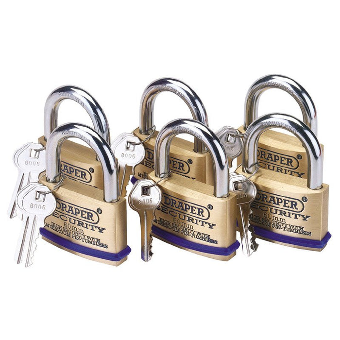 Draper Tools Pack of 6 x 60mm Solid Brass Padlocks with Hardened Steel Shackle