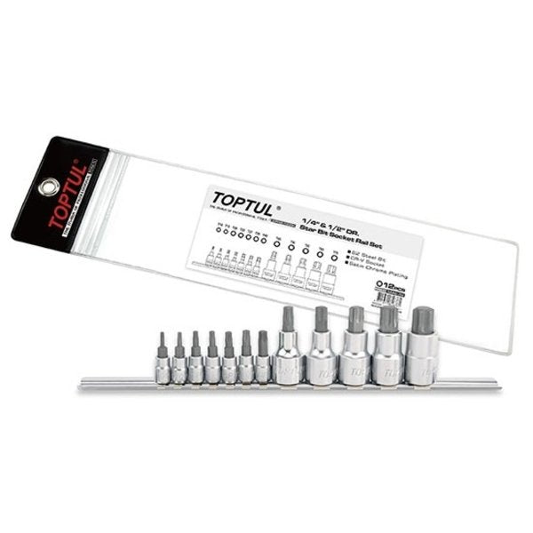 Toptul 12pc 1/4in & 1/2in Dr. Star (Torx) Bit Socket Rail Set