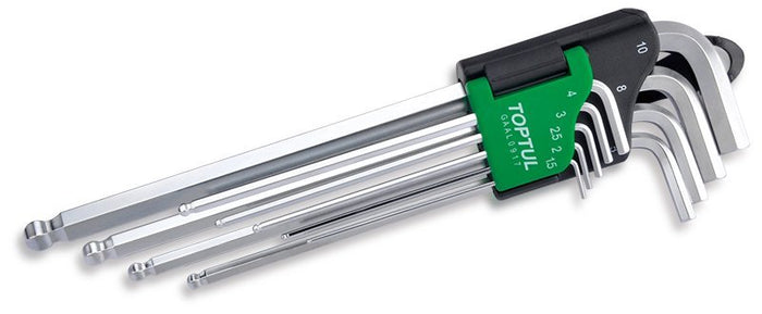 Toptul 9 Pce Extra Long Ball Point Hex Key Wrench Set Metric