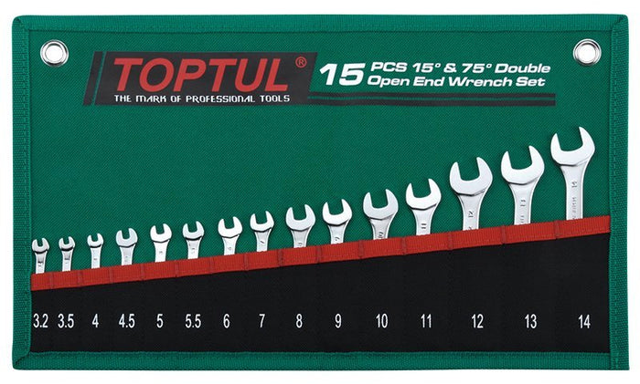Toptul 15 Pce 15Â° & 75Â° Double Open Spanner Set Metric