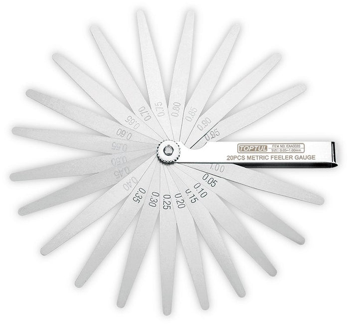 Toptul 20 Pce Metric Feeler Gauge Tapered Tips 0.05-1.00mm Blade Thickness