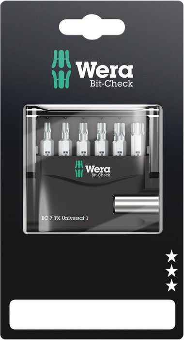 Wera Bit-Check 7 TX Universal Holder + 6 Torx Bits 073404