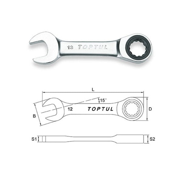 Toptul 15mm Stubby Ratchet Combination Wrench