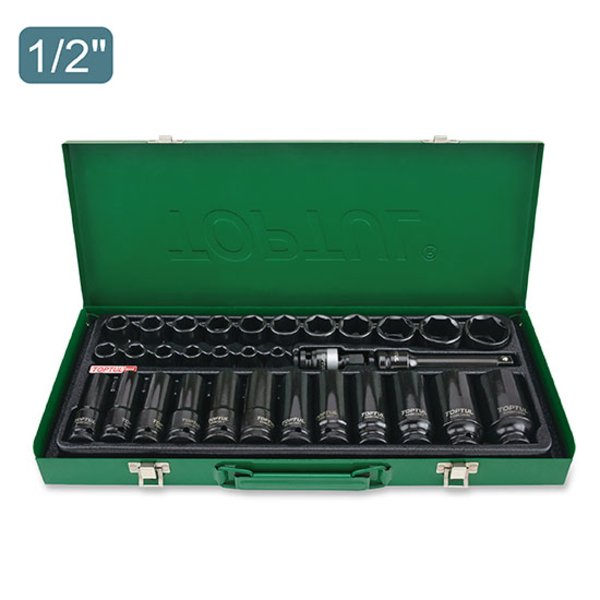 Toptul 32pc 1/2in Dr. 6pt Flank Impact Socket Set - Metric