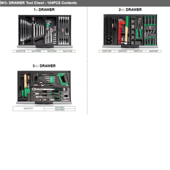 Toptul Pro-Line Series 104pc Tool Set 3 Drawer Tool Chest - Red