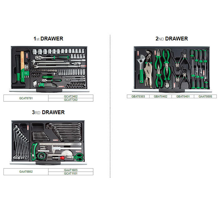 Toptul 157pc Mechanical Tool Set 3 Drawer Chest Pro-Line Series (Green)
