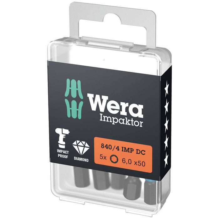 Wera 840/4 Impaktor Diamond Coated Hex Bit 6x50mm 5 Pack 057646